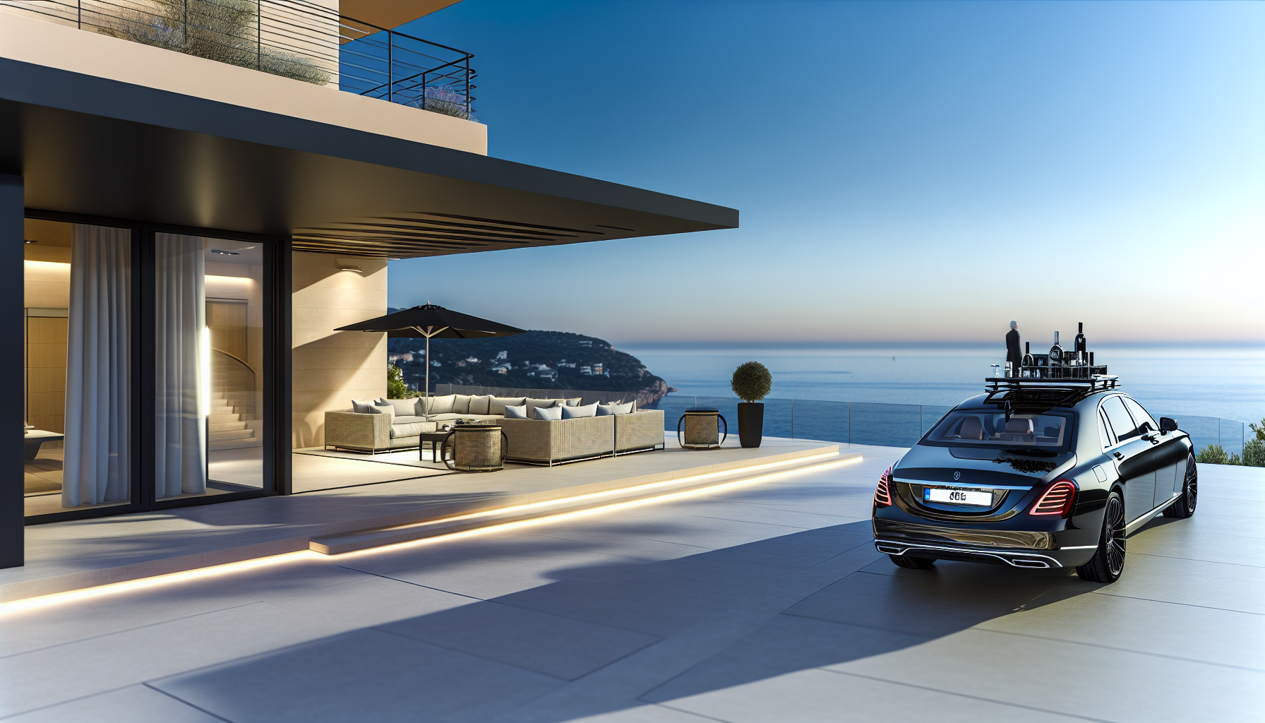 Image d’ambiance de conciergerie de luxe à Antibes avec villa haut de gamme, terrasse élégante et service premium