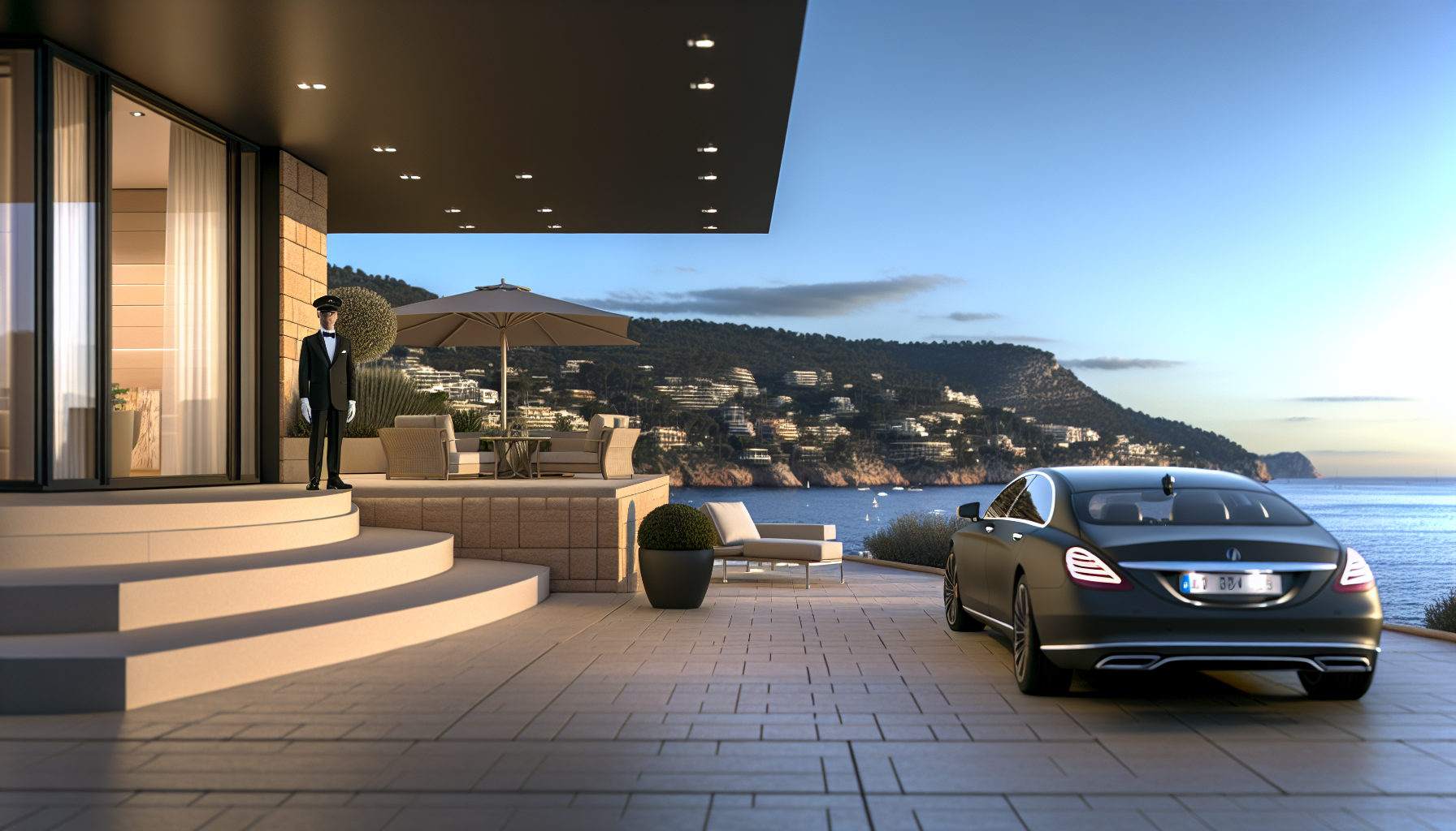 Image d’ambiance de conciergerie de luxe à Cannes avec villa haut de gamme, terrasse élégante et service premium