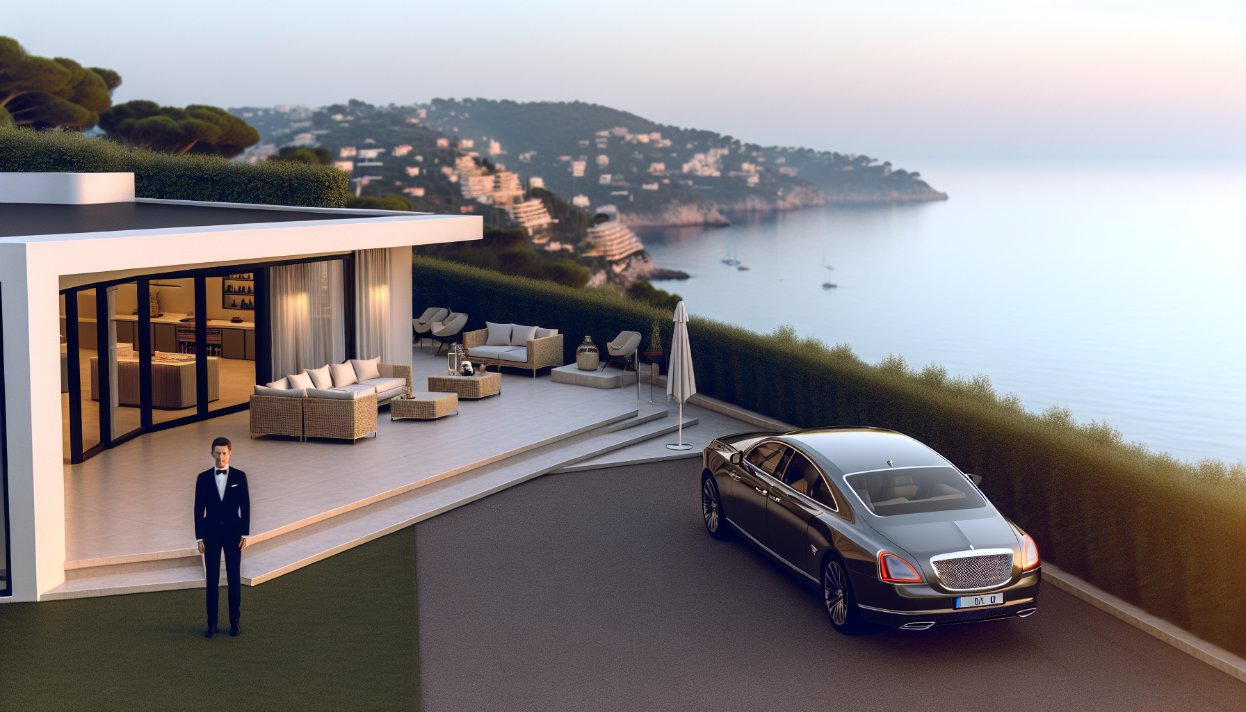 Image d’ambiance de conciergerie de luxe à Grasse avec villa haut de gamme, terrasse élégante et service premium