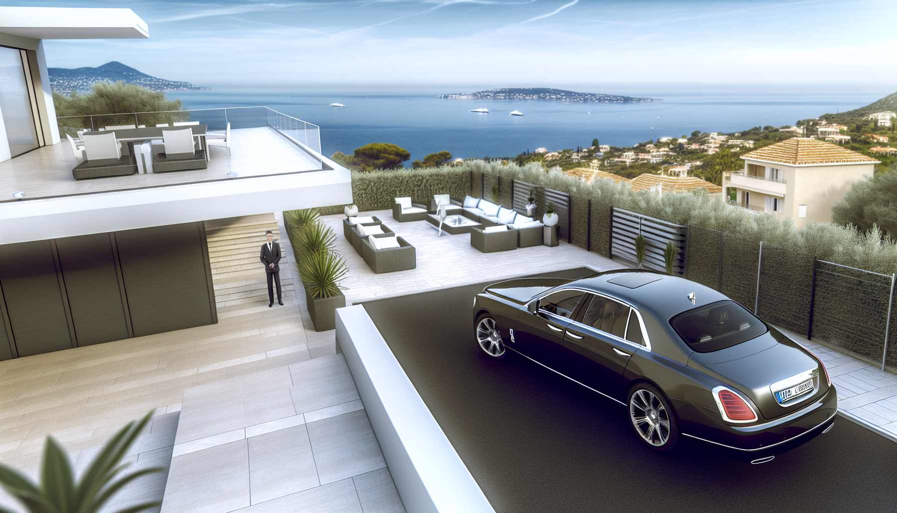 Image d’ambiance de conciergerie de luxe à Monaco avec villa haut de gamme, terrasse élégante et service premium
