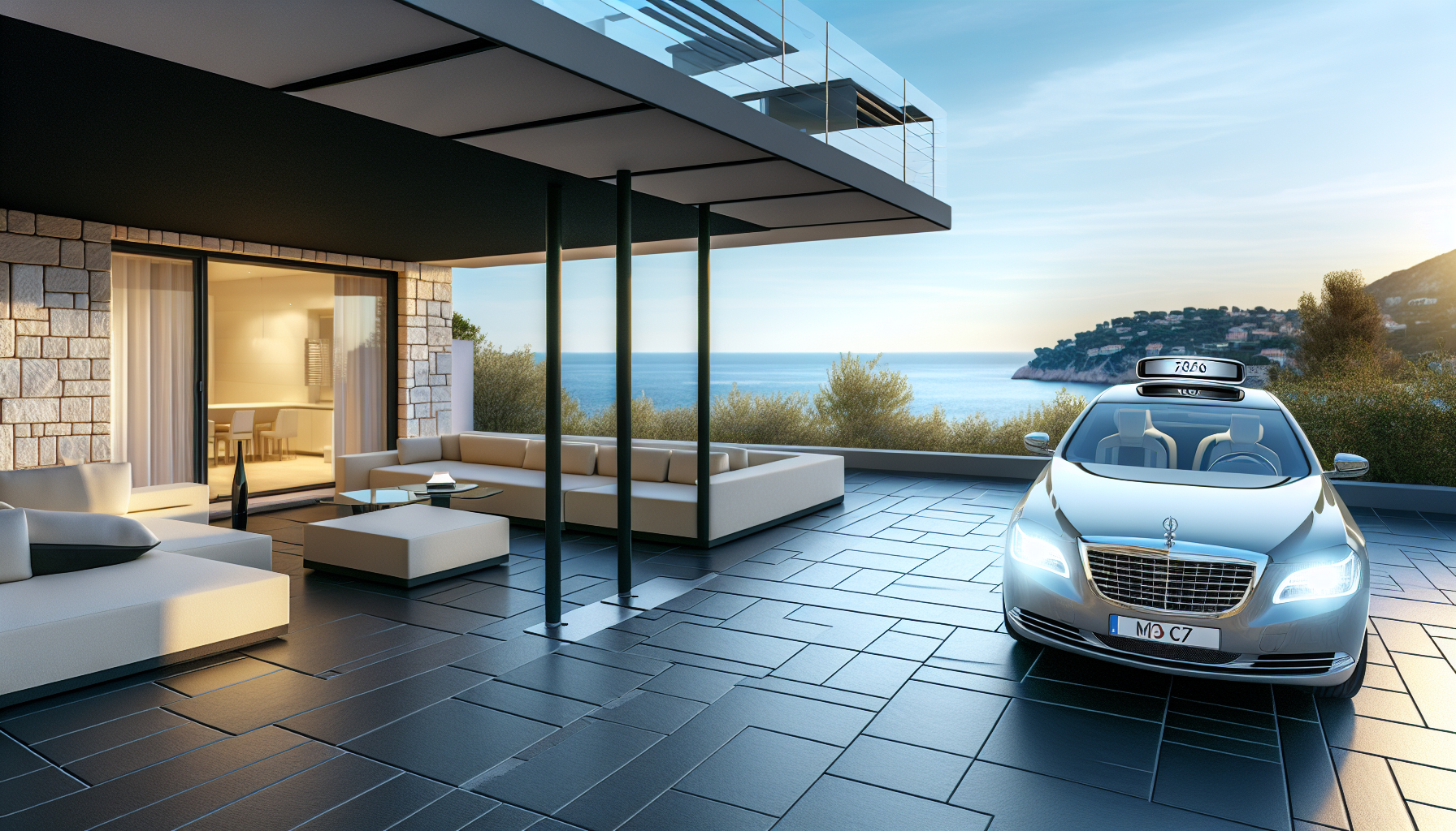 Image d’ambiance de conciergerie de luxe à Nanterre avec villa haut de gamme, terrasse élégante et service premium