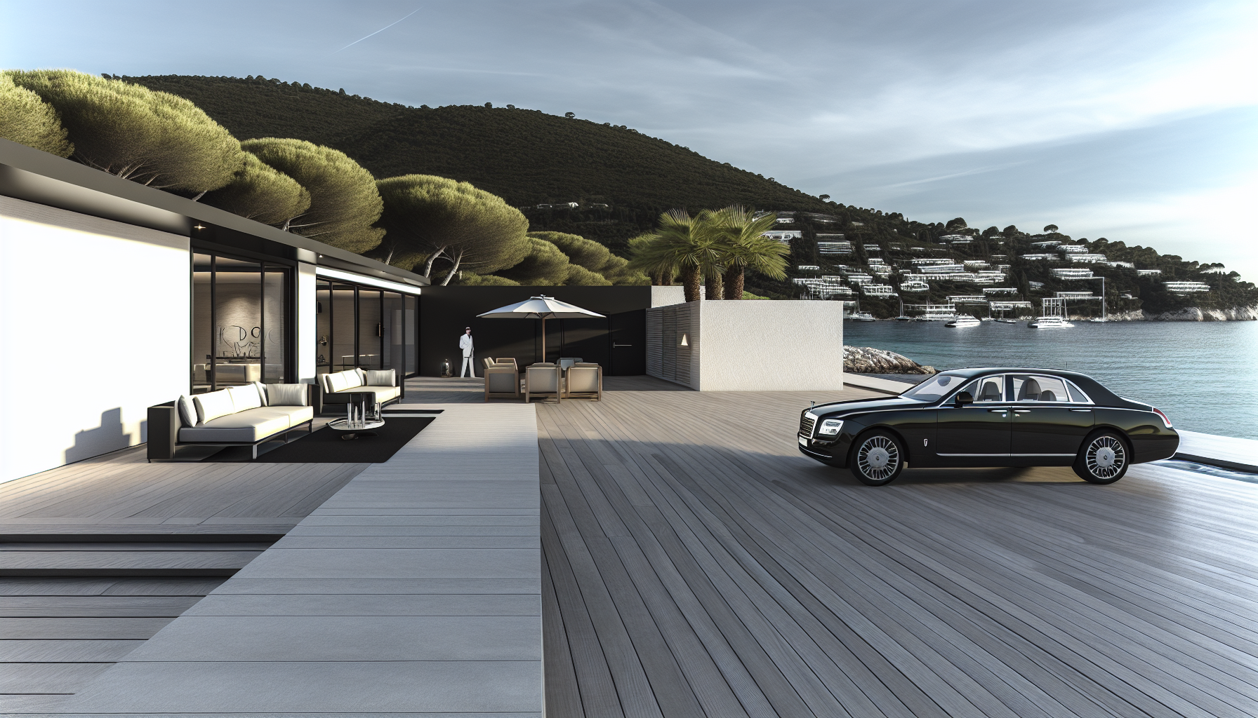 Image d’ambiance de conciergerie de luxe à Suresnes avec villa haut de gamme, terrasse élégante et service premium